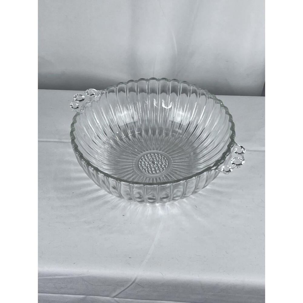 Vintage Ribbed Glass Bowl 8" Scalloped Edges Hobnail Bottom & Handles Jeanette